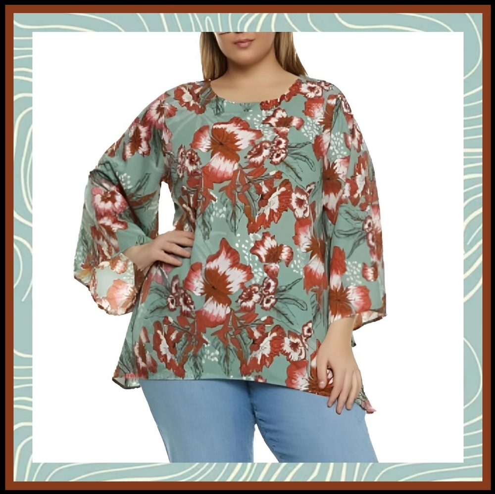 MILLENIUM ☆ SEAFOAM GREEN & RUST ☆ SHARKBITE ☆ FLORAL TUNIC TOP ☆ NIP